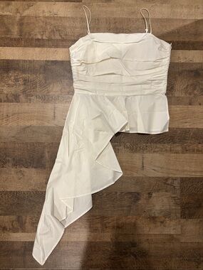 Women's White Asymmetric Ruffle Strapless Blouse